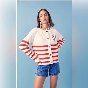 NEW English Factory Women's Breton Striped Cardigan with Shell Embroidery Medium